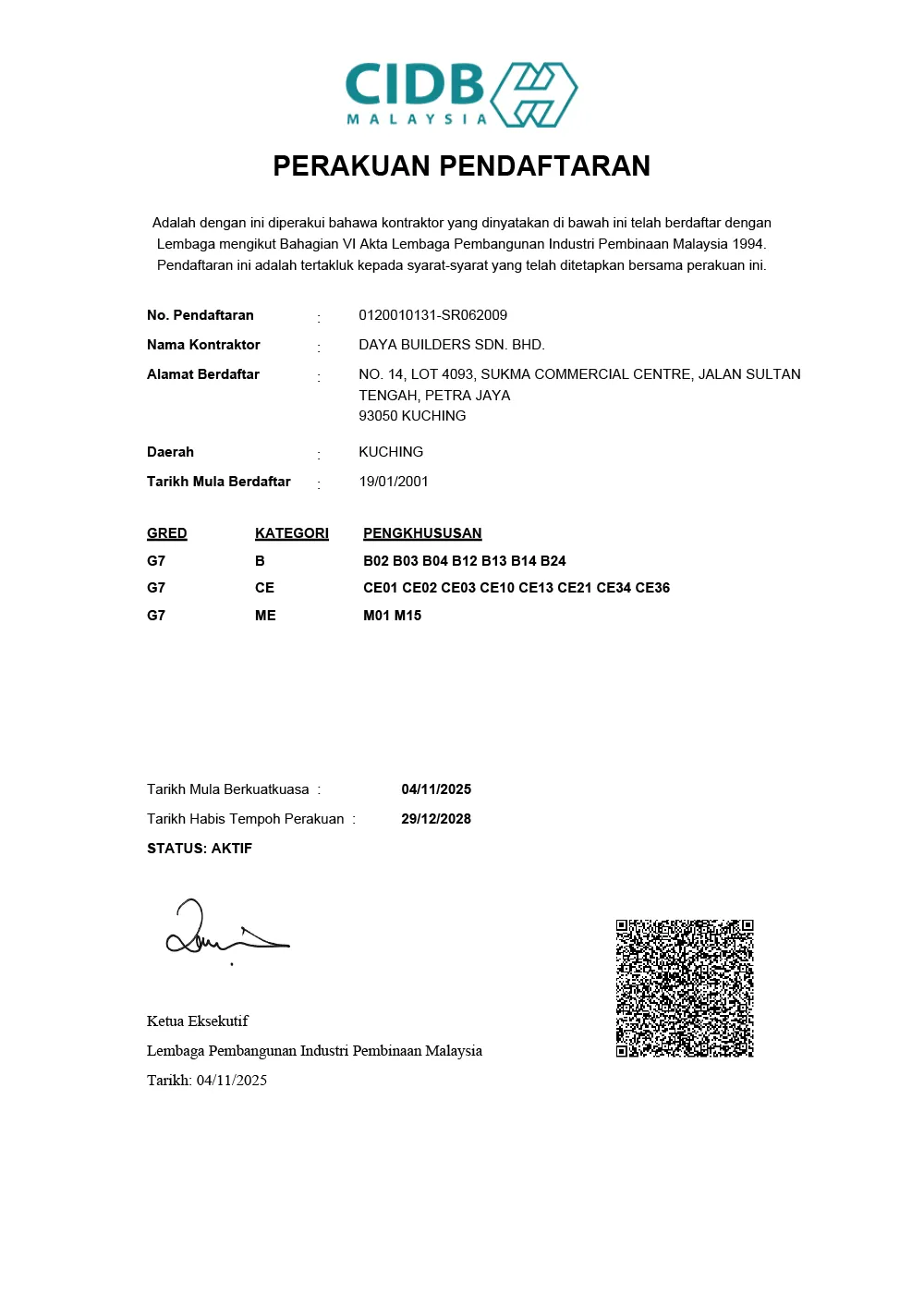 Lembaga Pembangunan Industri Pembinaan Malaysia (CIDB) Perakuan Pendaftaran (Sijil Pendaftaran: 0120010131-SR062009)