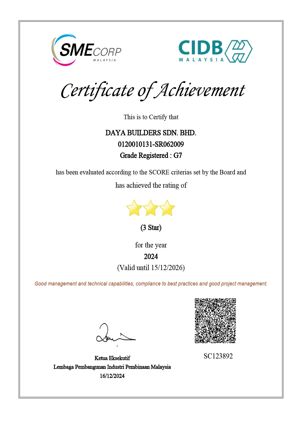 SME CORP Malaysia & CIDB Malaysia Certificate of Achievement